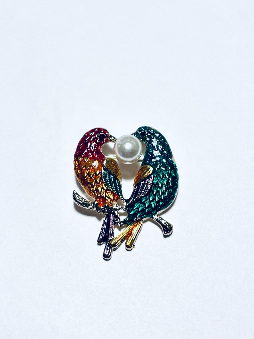 Two‎ Bird Pearl Brooch, Enamel Birds Pin, Exotic Birds Brooch, Vintage-style